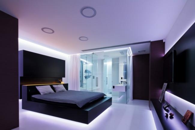 мужской интерьер - минималистичная черно-белая спальня с остекленным санузлом