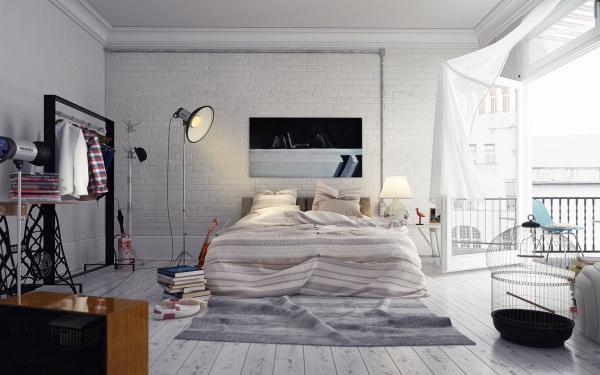 просторная белая спальня в стиле лофт