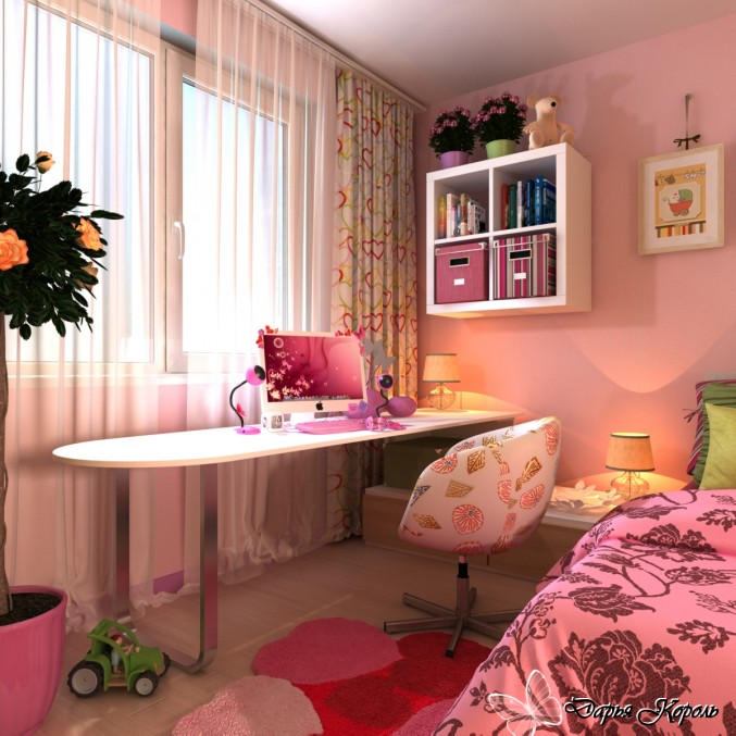 розовые стены, рисунки и узоры в спальне девочки