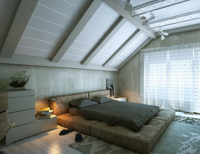минималистская спальня в мансарде с фермами под потолком