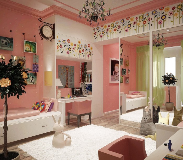 розовые и белые стены, рисунки на обоях в спальне девочки